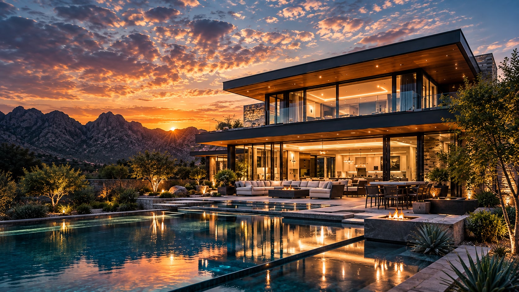A modern luxury home with expansive glass walls, warm interior lighting, and a reflective pool at dusk
