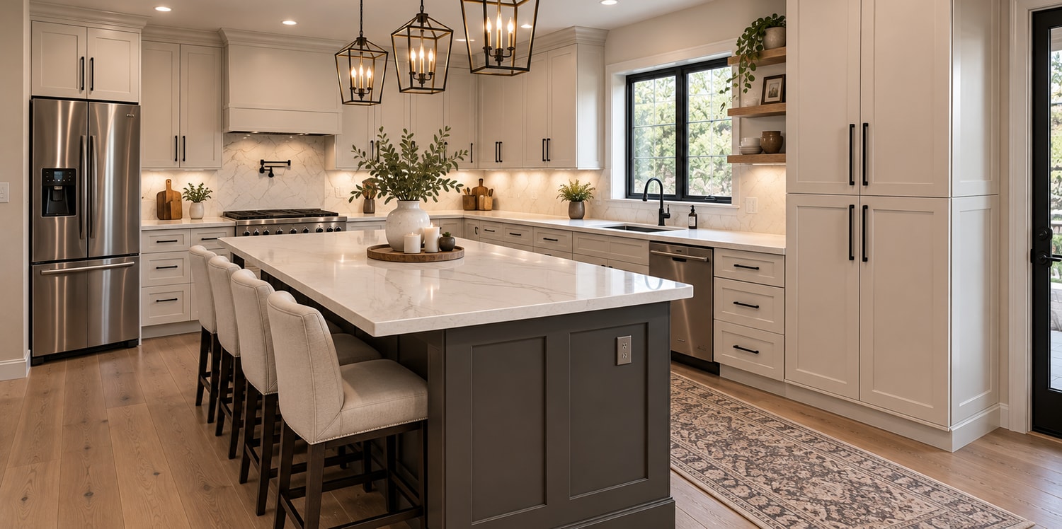 Kitchen after renovation, with an open layout and a custom island