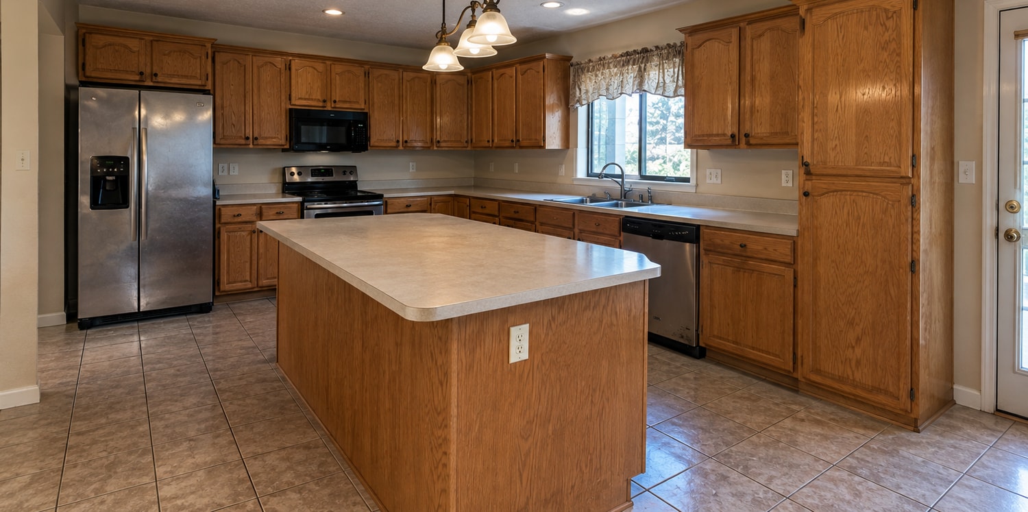 Kitchen before renovation, with dated cabinetry and a closed-off layout