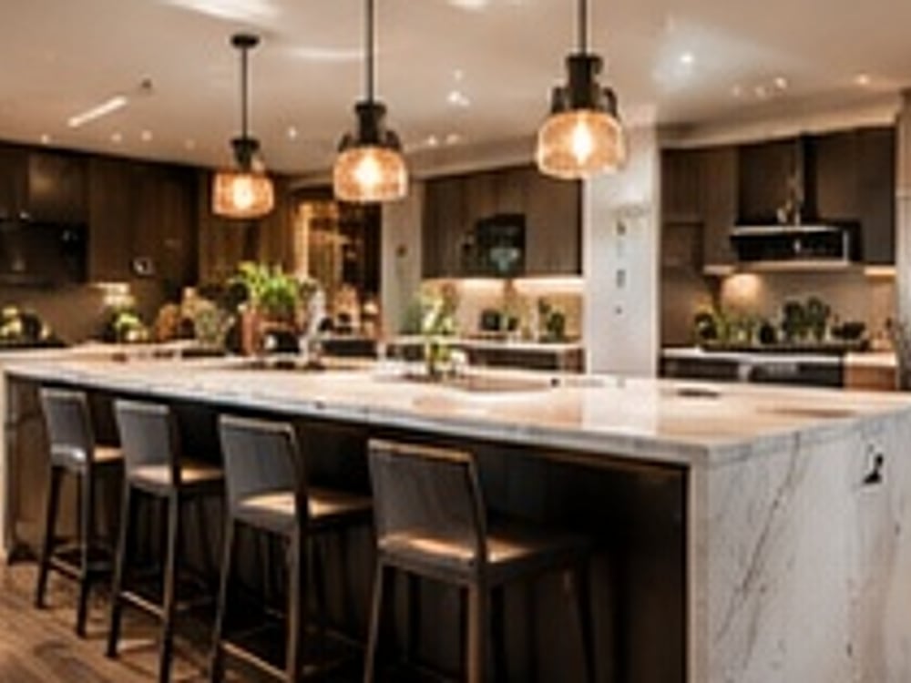 Kitchen island with waterfall countertop and seating